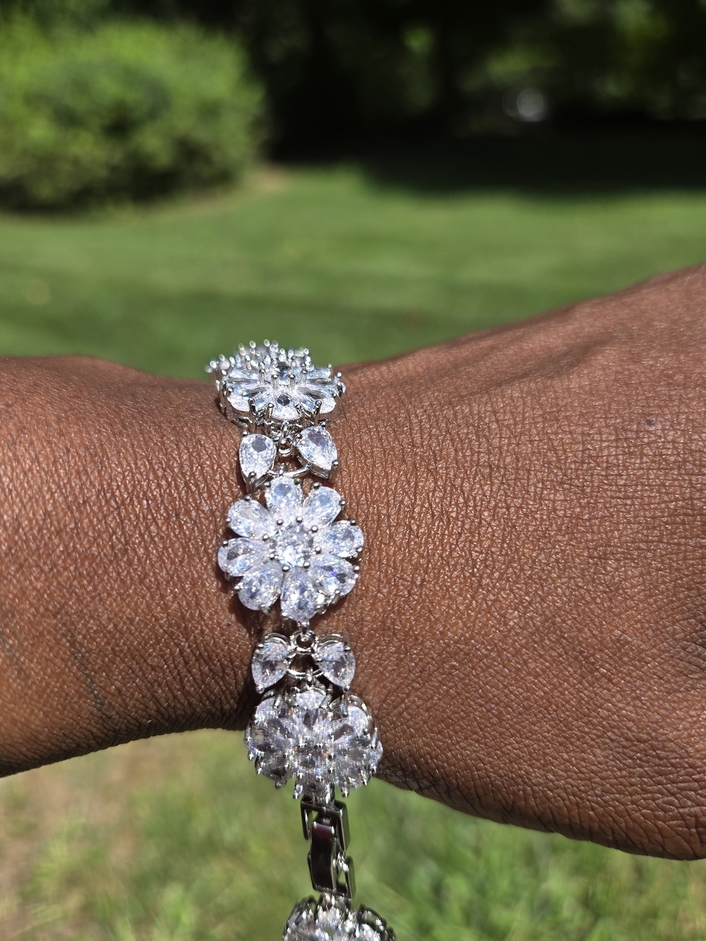 Silver Flower Cluster Tennis Bracelet - Clear Crystal Accents